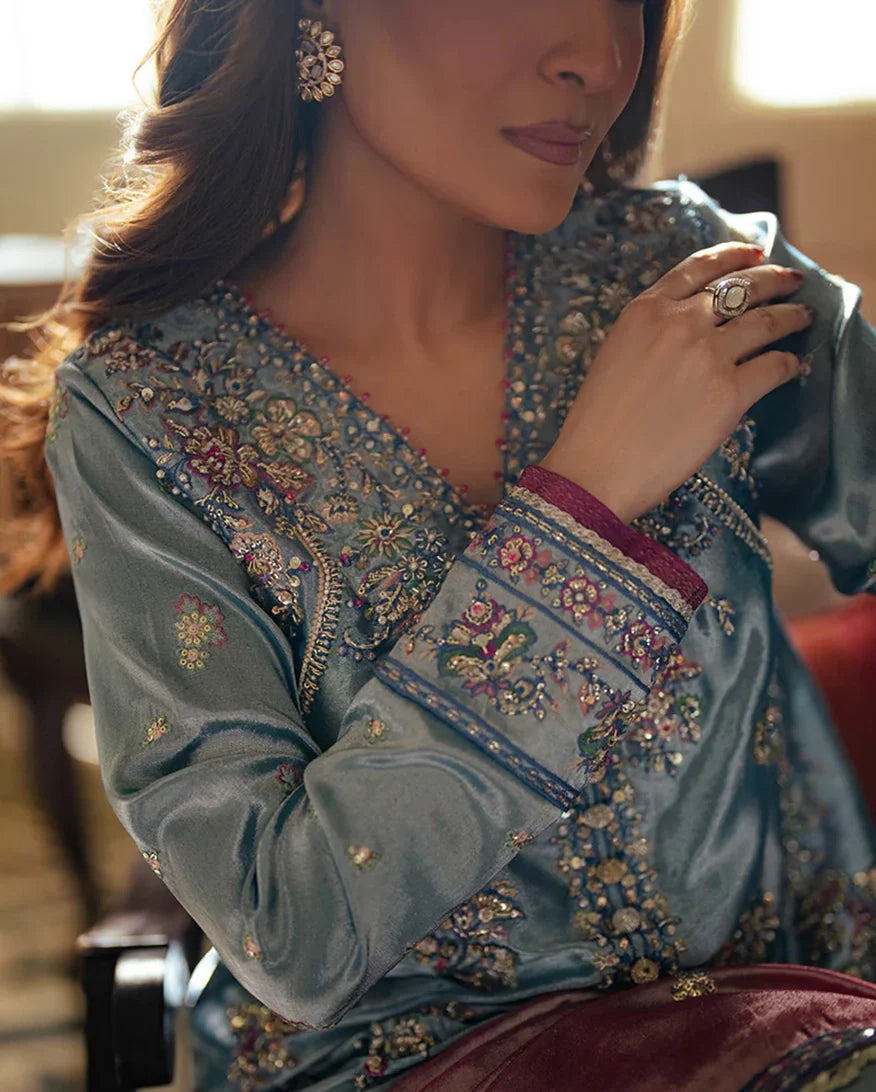Women Wearing Neelam Blue Long Shirt for Formal Events - Pakistani Designer Wear for Women in UK | Kifat