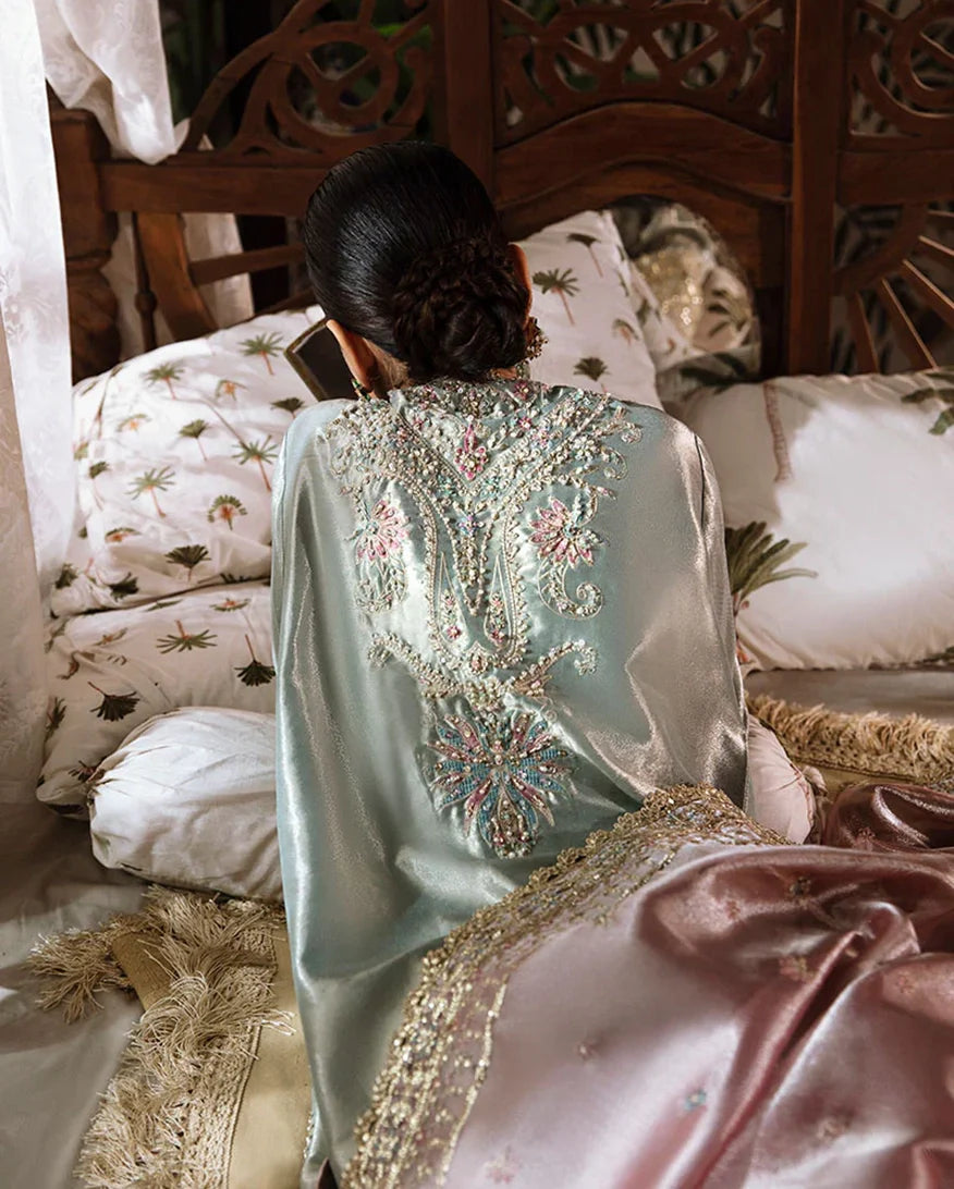 Women Wearing Amaya Aqua Silver Long Shirt for Formal Events - Pakistani Designer Wear for Women in UK | Kifat