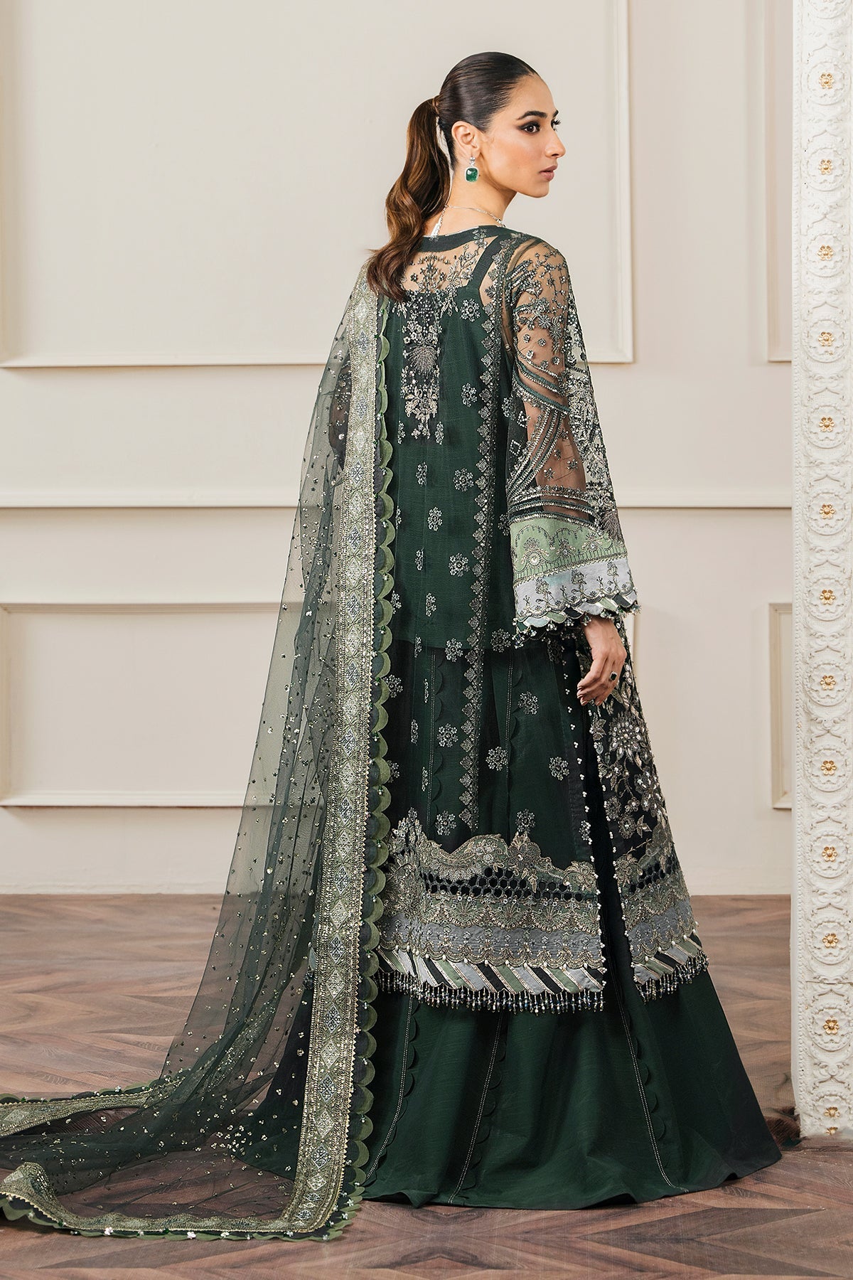 Baroque CH12-05 Green Long Shirt with Sharara,Slit Shirt with Crushed Sharara for Formal Events - Pakistani Designer Wear for Women in UK | Kifat