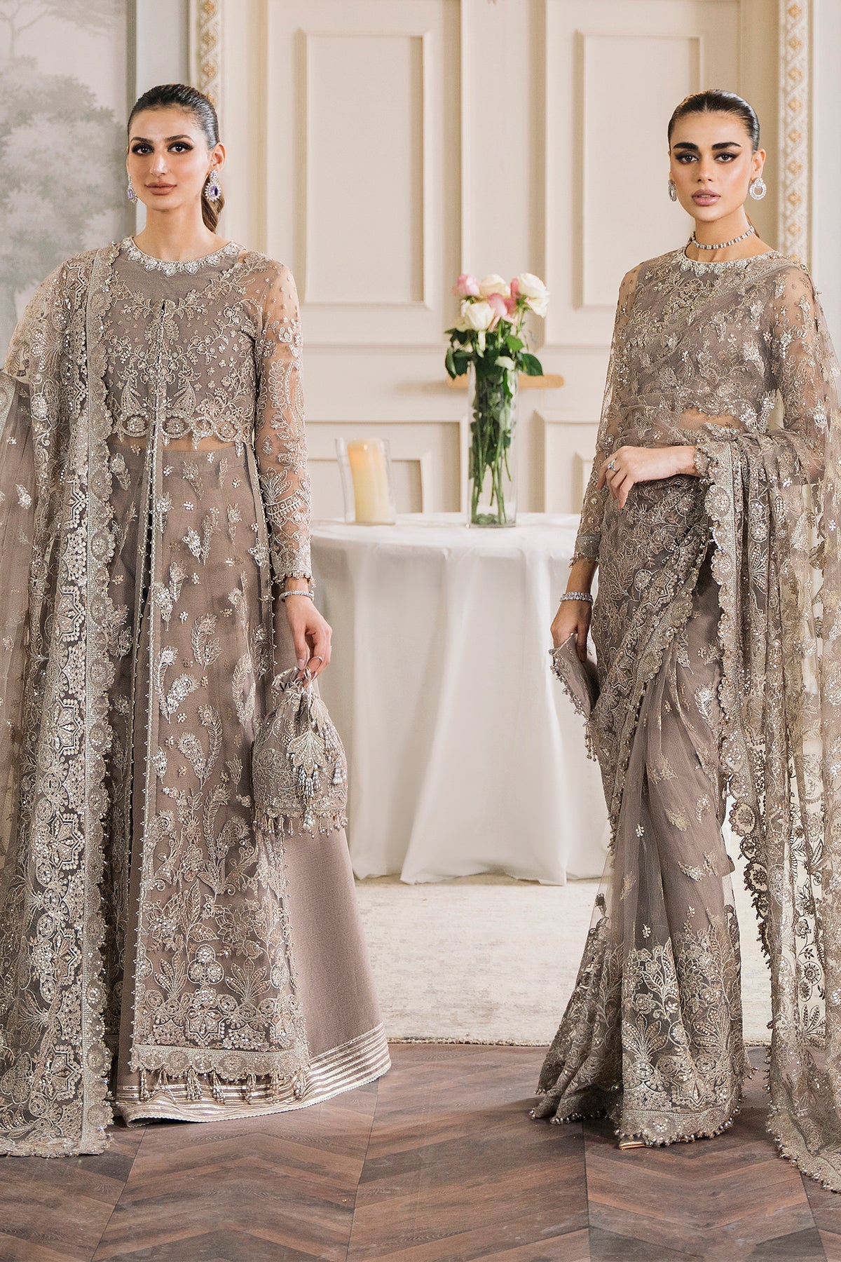 Baroque CH12-06 Beige Slit Maxi,Saree for Formal Events - Pakistani Designer Wear for Women in UK | Kifat
