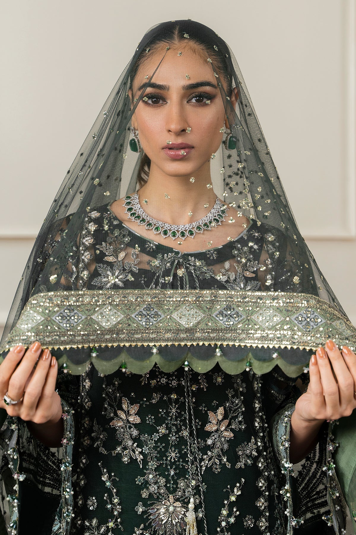 Baroque CH12-05 Green Long Shirt with Sharara,Slit Shirt with Crushed Sharara for Formal Events - Pakistani Designer Wear for Women in UK | Kifat