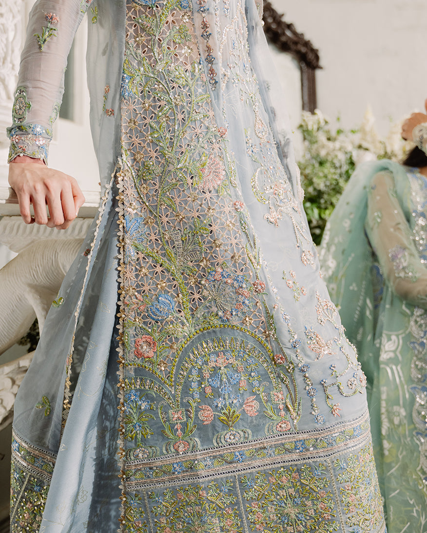 Women Wearing Jashn e Jahanara Ice Blue Long Shirt with Sharara for Festive Events - Pakistani Designer Wear for Women in UK | Kifat