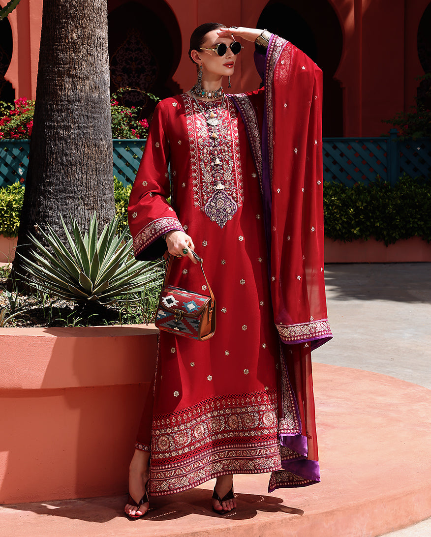 Women Wearing Agatha Brick Red Long Shirt for Festive Events - Pakistani Designer Wear for Women in UK | Kifat