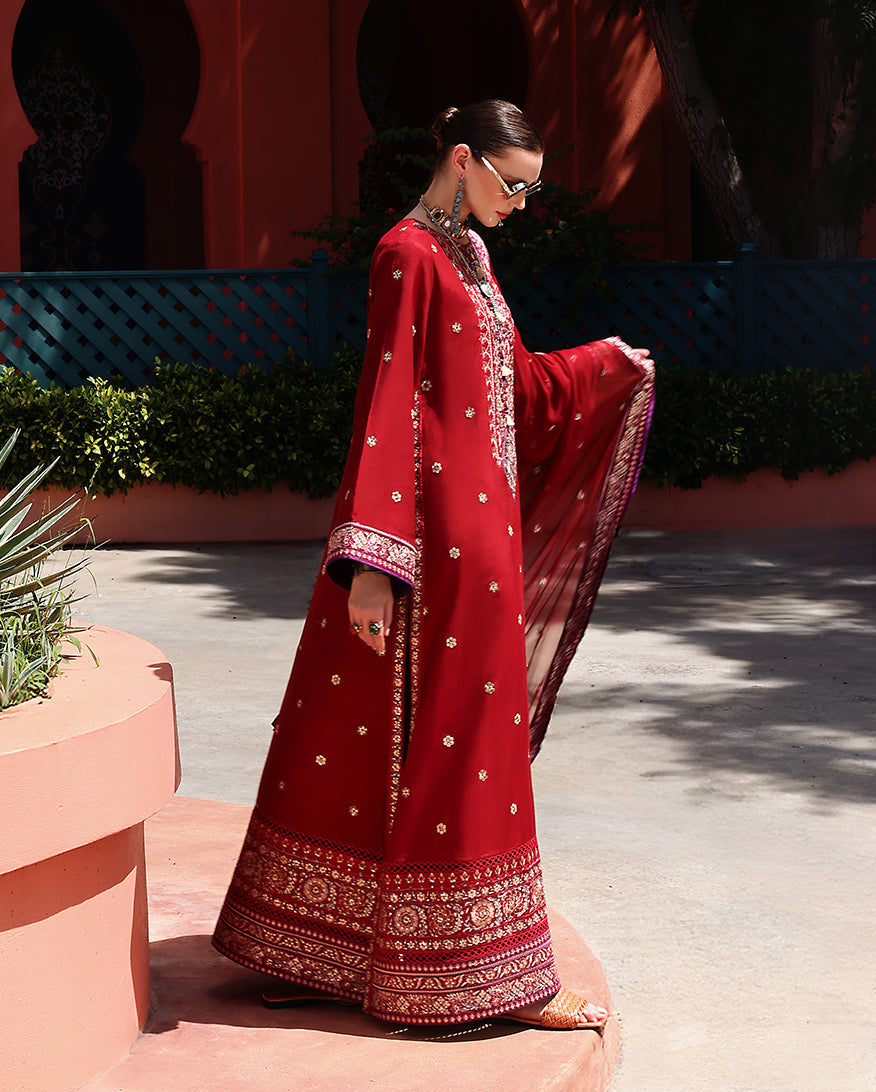 Women Wearing Agatha Brick Red Long Shirt for Festive Events - Pakistani Designer Wear for Women in UK | Kifat