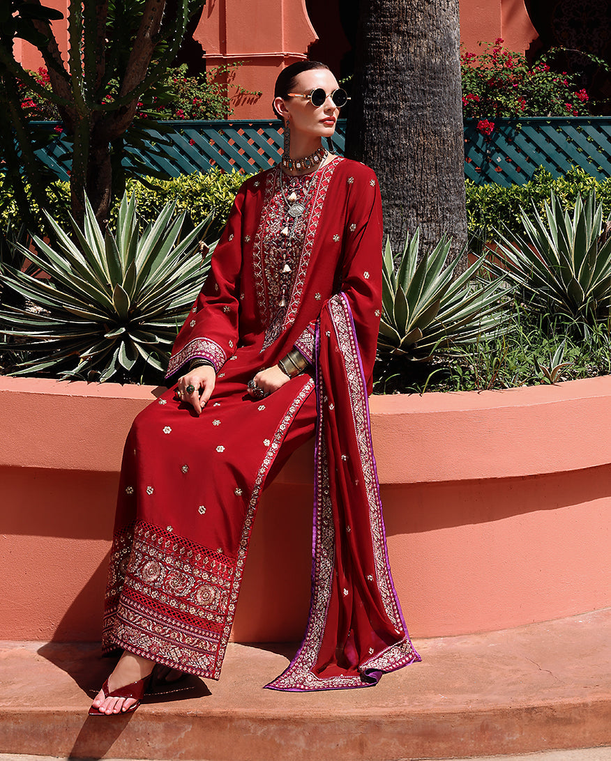 Women Wearing Agatha Brick Red Long Shirt for Festive Events - Pakistani Designer Wear for Women in UK | Kifat