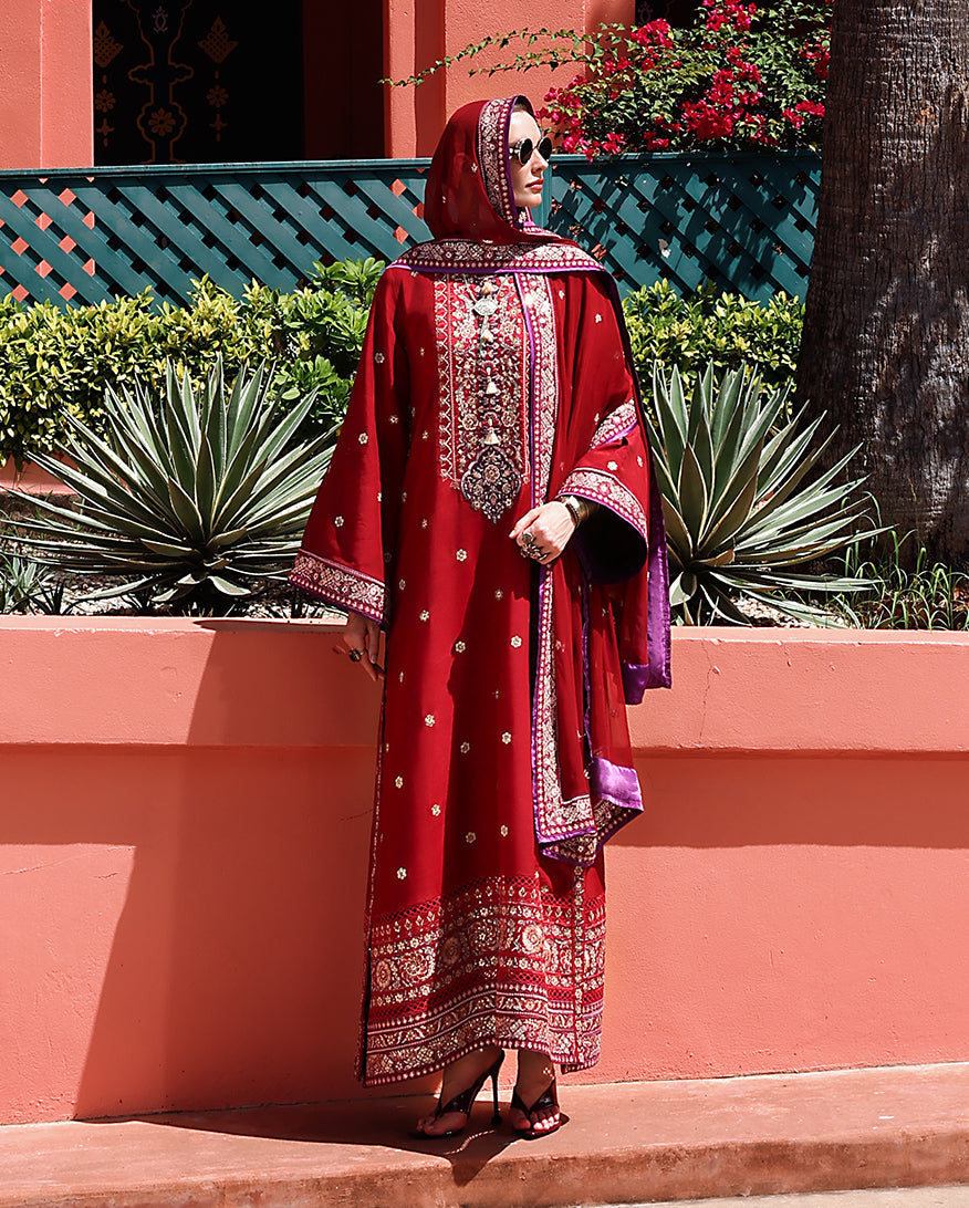 Women Wearing Agatha Brick Red Long Shirt for Festive Events - Pakistani Designer Wear for Women in UK | Kifat