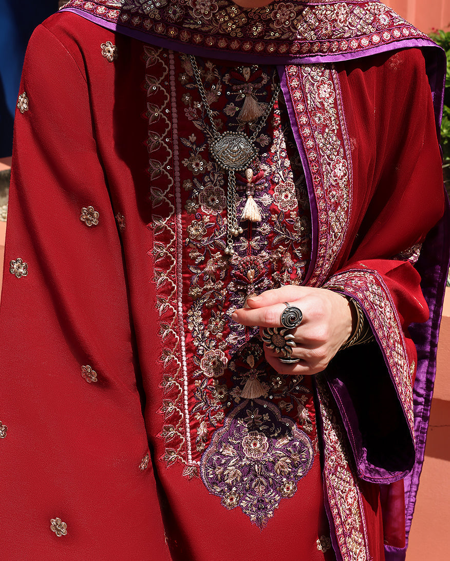 Women Wearing Agatha Brick Red Long Shirt for Festive Events - Pakistani Designer Wear for Women in UK | Kifat