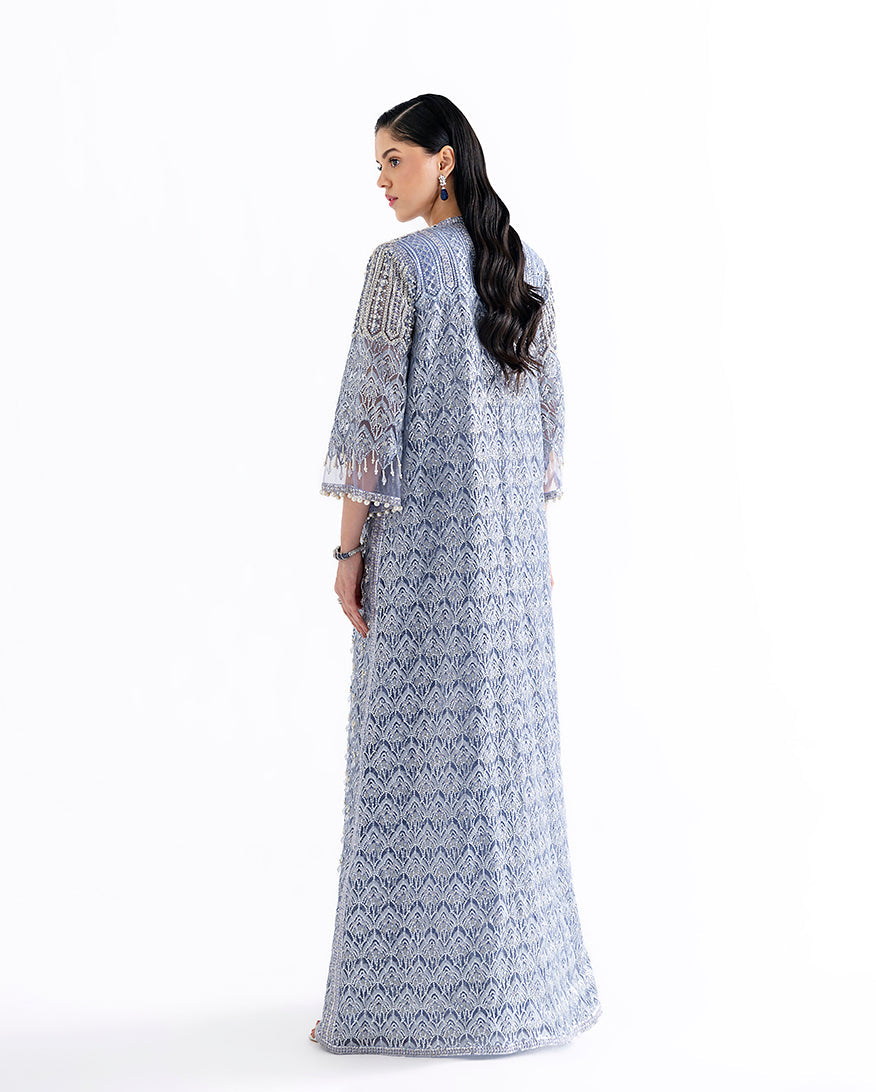 Women Wearing Ammarylis Blue Long Jacket with Shirt for Festive Events - Pakistani Designer Wear for Women in UK | Kifat