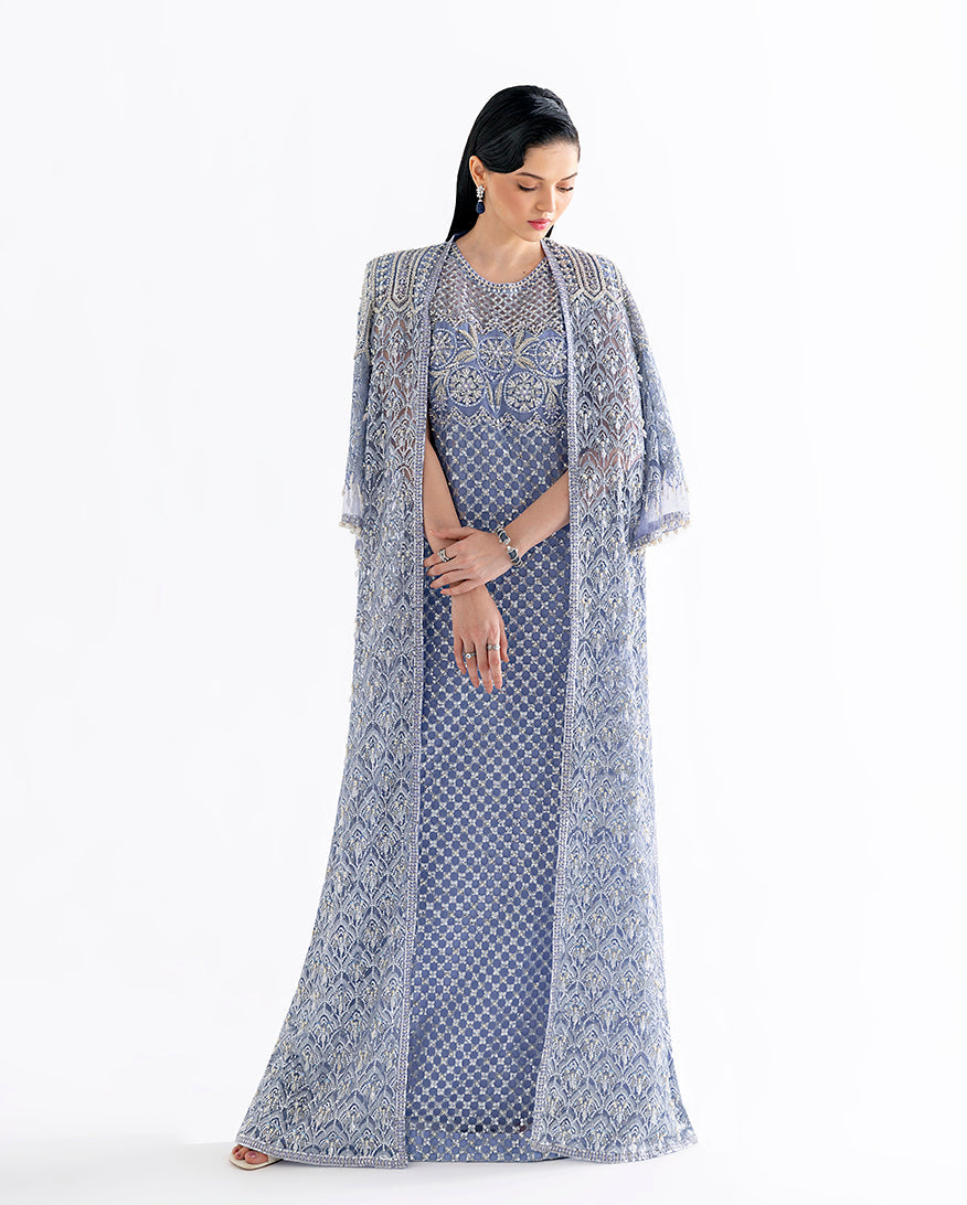 Women Wearing Ammarylis Blue Long Jacket with Shirt for Festive Events - Pakistani Designer Wear for Women in UK | Kifat