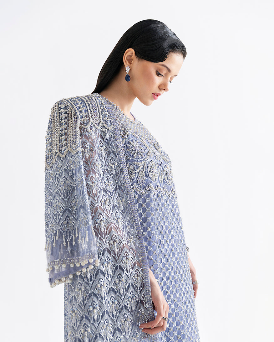 Women Wearing Ammarylis Blue Long Jacket with Shirt for Festive Events - Pakistani Designer Wear for Women in UK | Kifat