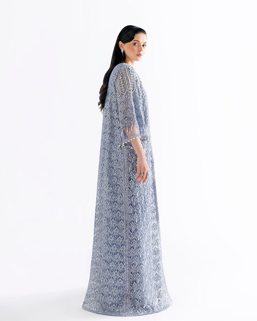 Women Wearing Ammarylis Blue Long Jacket with Shirt for Festive Events - Pakistani Designer Wear for Women in UK | Kifat
