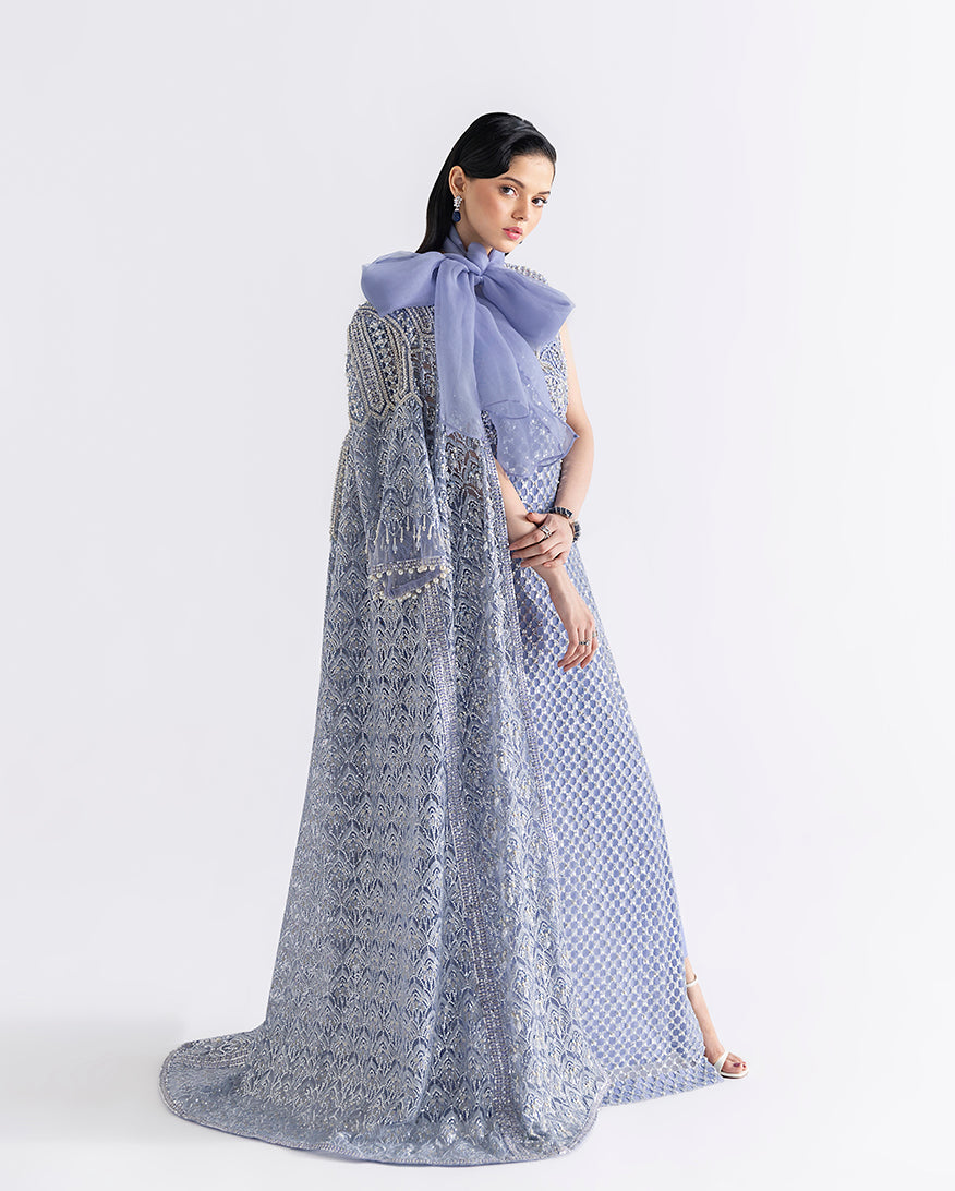 Women Wearing Ammarylis Blue Long Jacket with Shirt for Festive Events - Pakistani Designer Wear for Women in UK | Kifat
