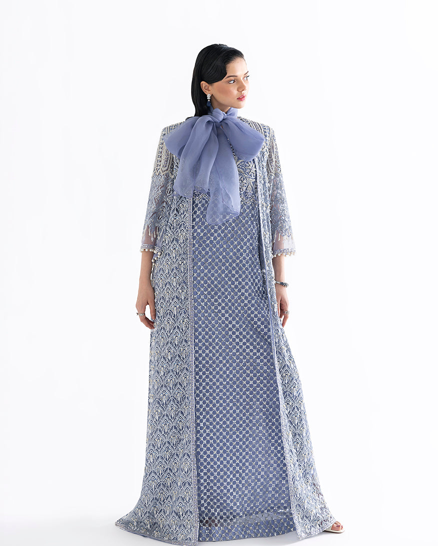 Women Wearing Ammarylis Blue Long Jacket with Shirt for Festive Events - Pakistani Designer Wear for Women in UK | Kifat