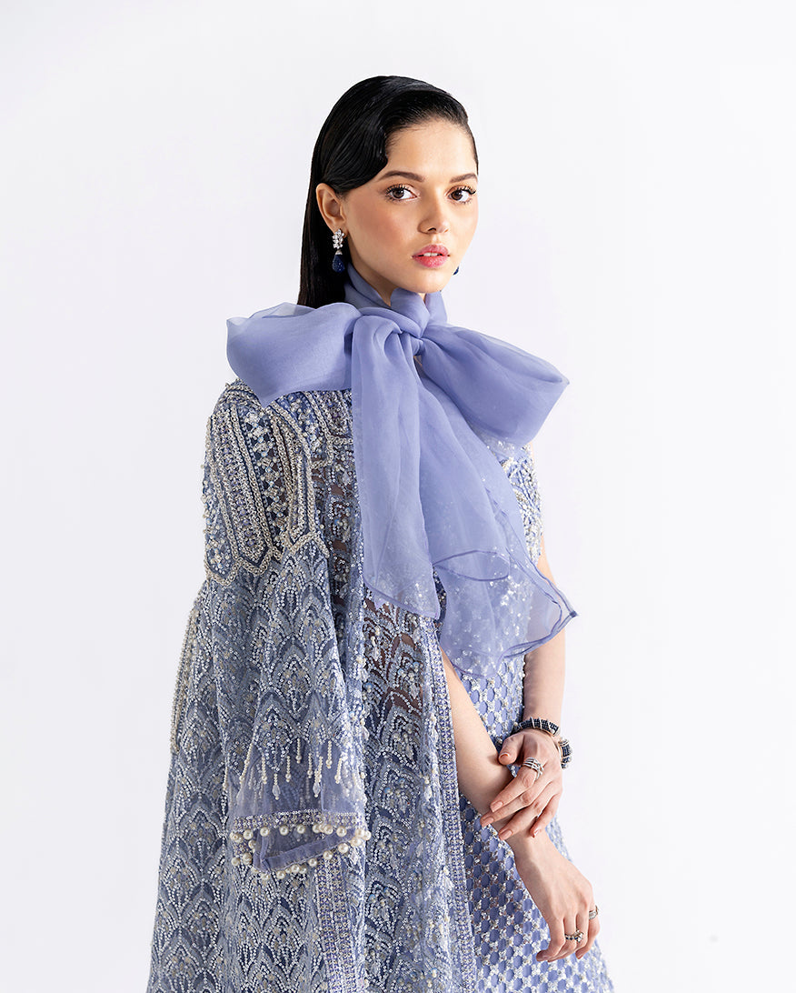 Women Wearing Ammarylis Blue Long Jacket with Shirt for Festive Events - Pakistani Designer Wear for Women in UK | Kifat