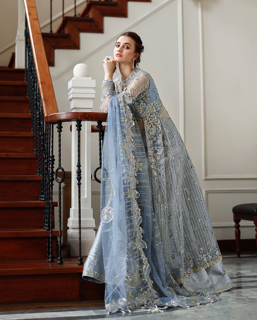 Women Wearing Anastassia Ice Blue Front Open Long Shirt with Sharara for Wedding Events - Pakistani Designer Wear for Women in UK | Kifat