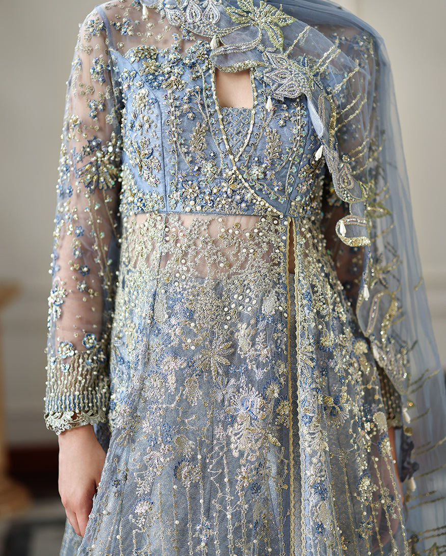 Women Wearing Anastassia Ice Blue Front Open Long Shirt with Sharara for Wedding Events - Pakistani Designer Wear for Women in UK | Kifat