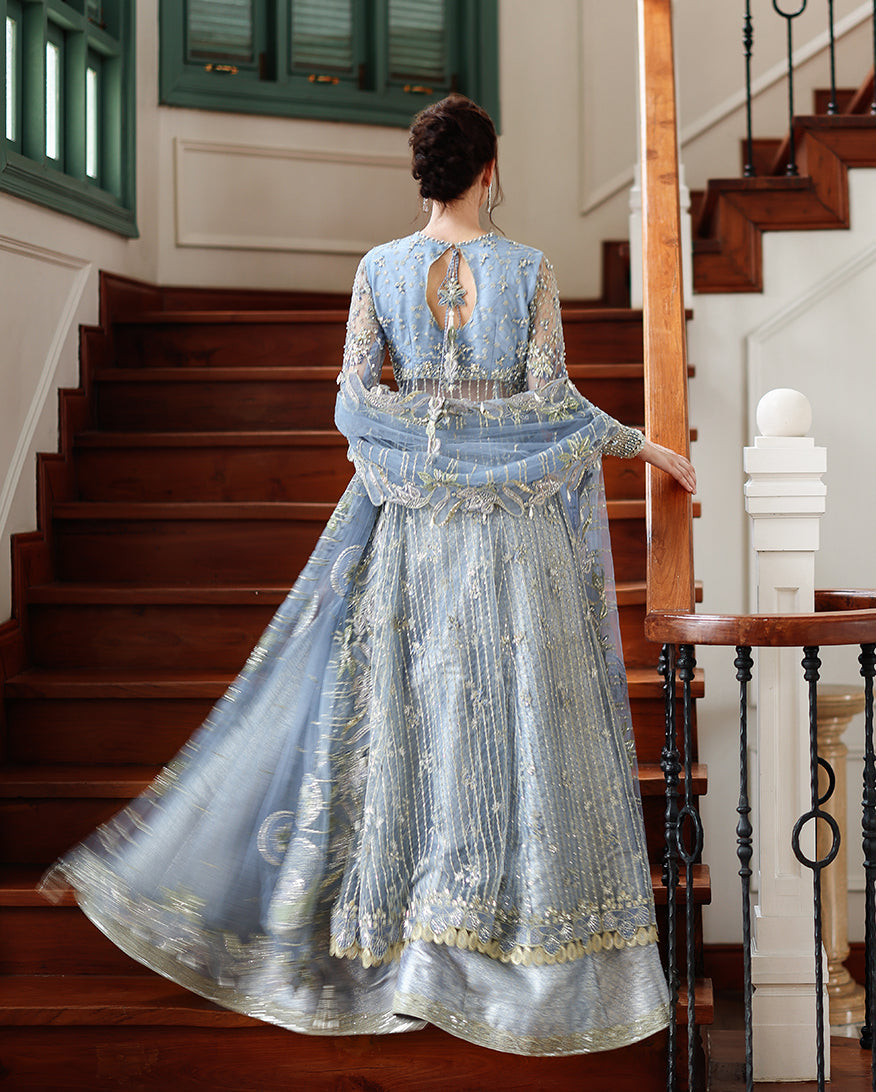 Women Wearing Anastassia Ice Blue Front Open Long Shirt with Sharara for Wedding Events - Pakistani Designer Wear for Women in UK | Kifat