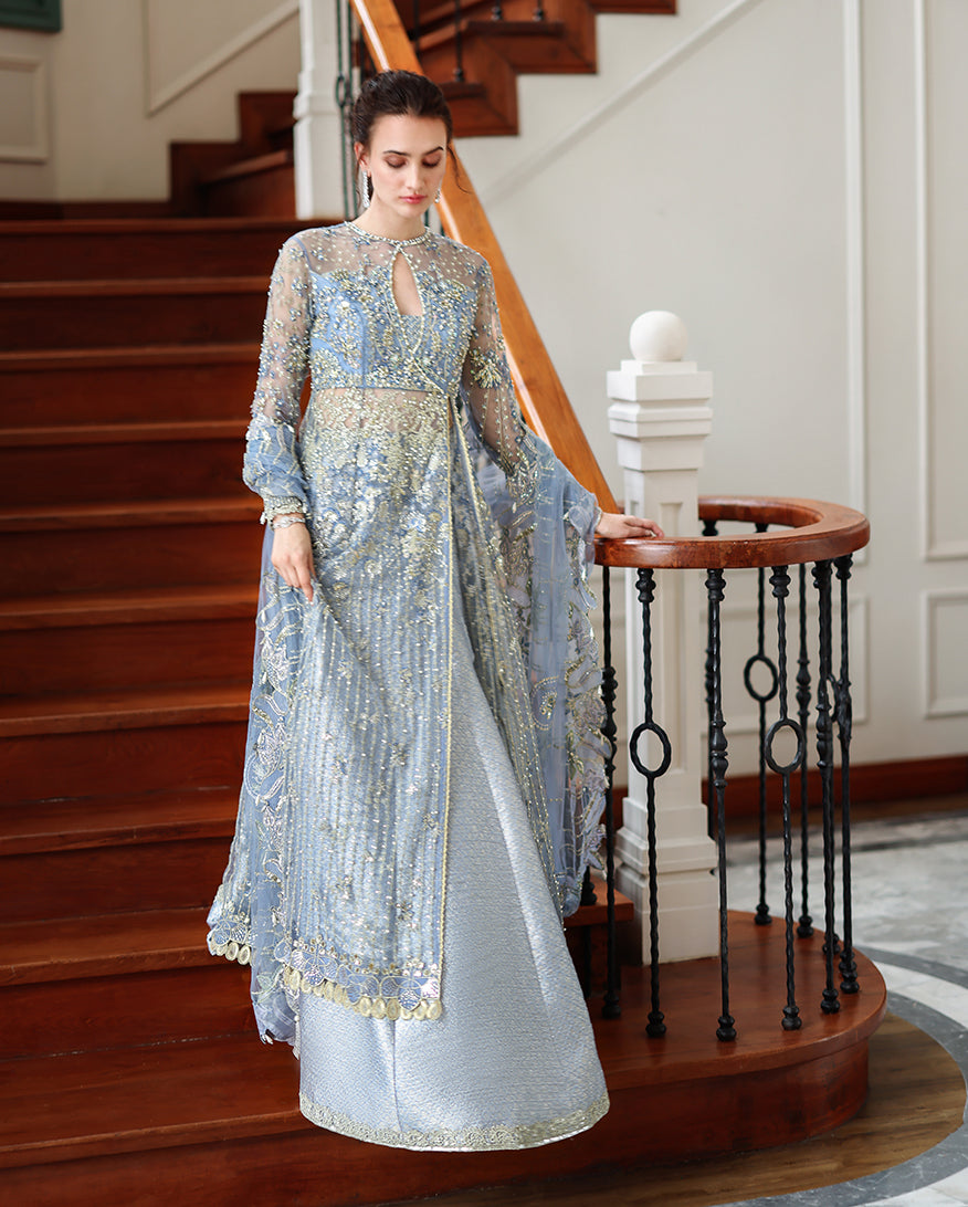 Women Wearing Anastassia Ice Blue Front Open Long Shirt with Sharara for Wedding Events - Pakistani Designer Wear for Women in UK | Kifat