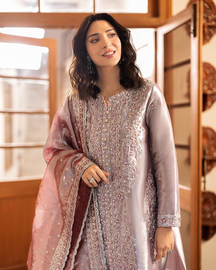 Women Wearing Anoushay Mauve Pink Long Shirt for Formal Events - Pakistani Designer Wear for Women in UK | Kifat