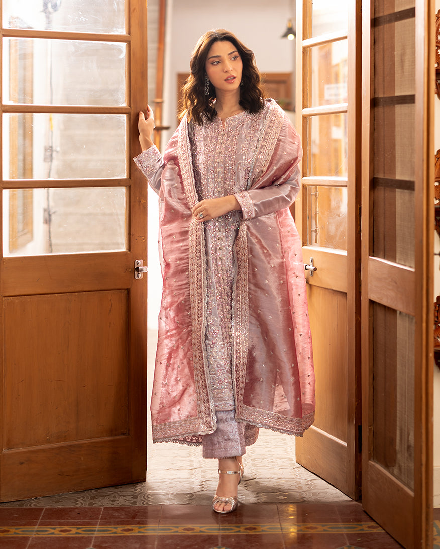 Women Wearing Anoushay Mauve Pink Long Shirt for Formal Events - Pakistani Designer Wear for Women in UK | Kifat