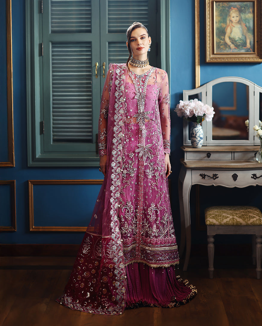 Women Wearing Arwen Pink Front Open Long Shirt with Sharara for Wedding Events - Pakistani Designer Wear for Women in UK | Kifat