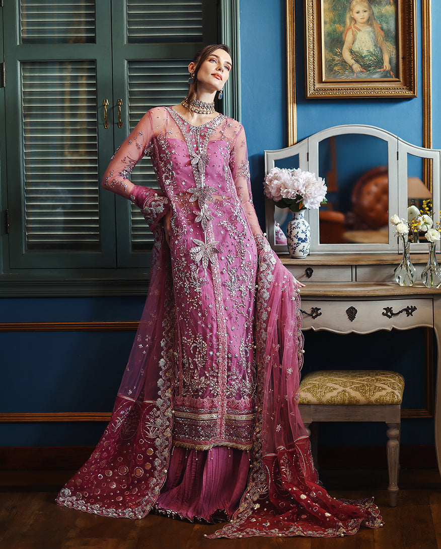 Women Wearing Arwen Pink Front Open Long Shirt with Sharara for Wedding Events - Pakistani Designer Wear for Women in UK | Kifat