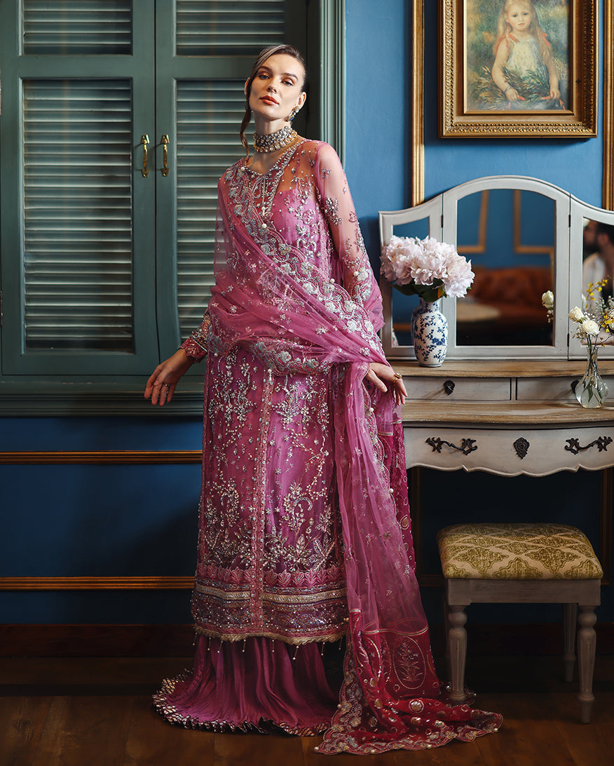Women Wearing Arwen Pink Front Open Long Shirt with Sharara for Wedding Events - Pakistani Designer Wear for Women in UK | Kifat