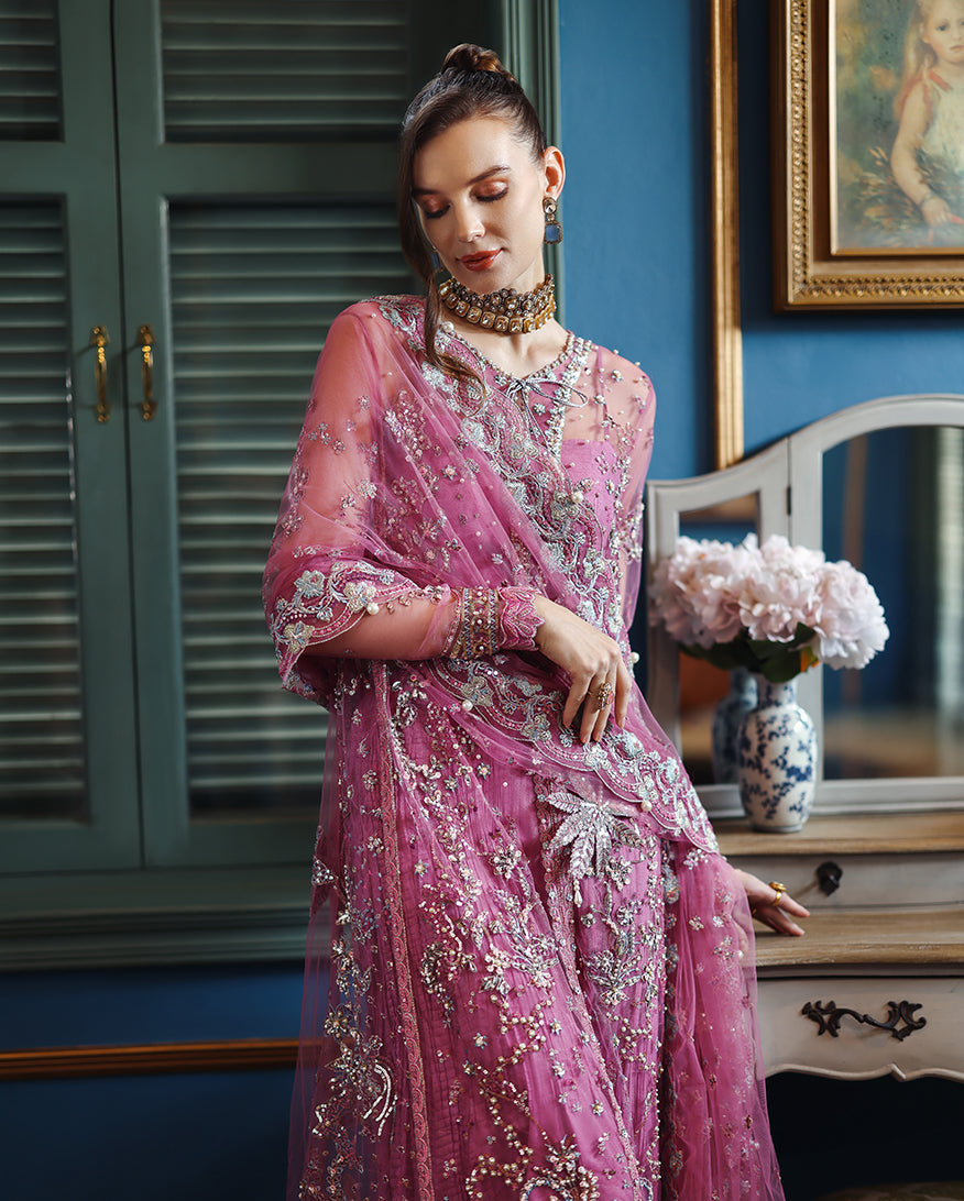 Women Wearing Arwen Pink Front Open Long Shirt with Sharara for Wedding Events - Pakistani Designer Wear for Women in UK | Kifat