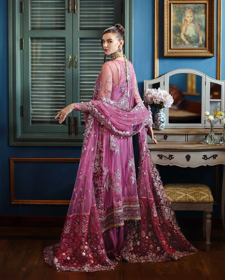 Women Wearing Arwen Pink Front Open Long Shirt with Sharara for Wedding Events - Pakistani Designer Wear for Women in UK | Kifat