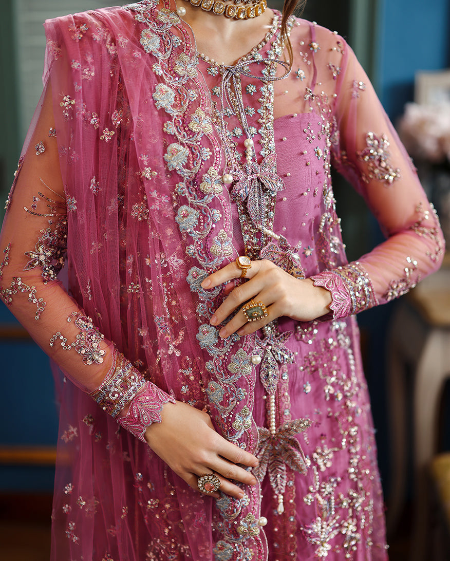 Women Wearing Arwen Pink Front Open Long Shirt with Sharara for Wedding Events - Pakistani Designer Wear for Women in UK | Kifat