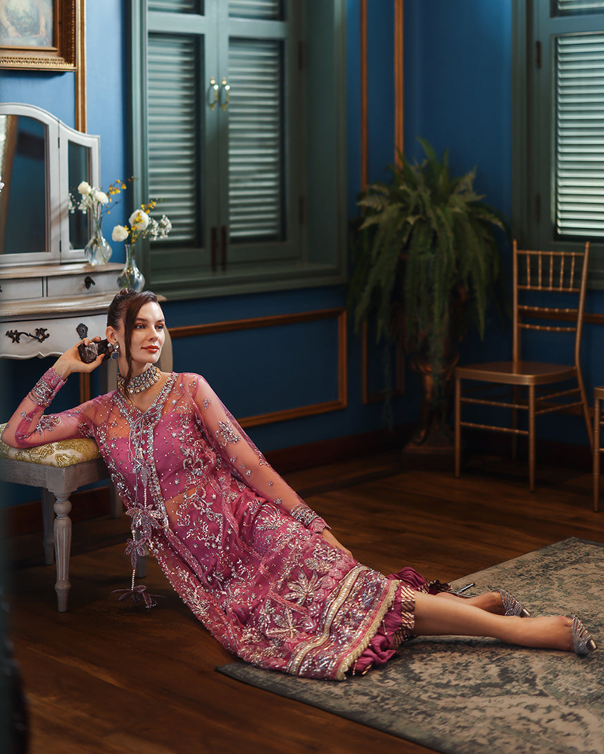 Women Wearing Arwen Pink Front Open Long Shirt with Sharara for Wedding Events - Pakistani Designer Wear for Women in UK | Kifat
