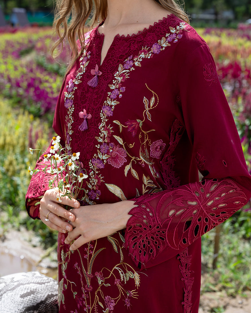 Women Wearing Aurora Petals Red Long Shirt for Festive Events - Pakistani Designer Wear for Women in UK | Kifat