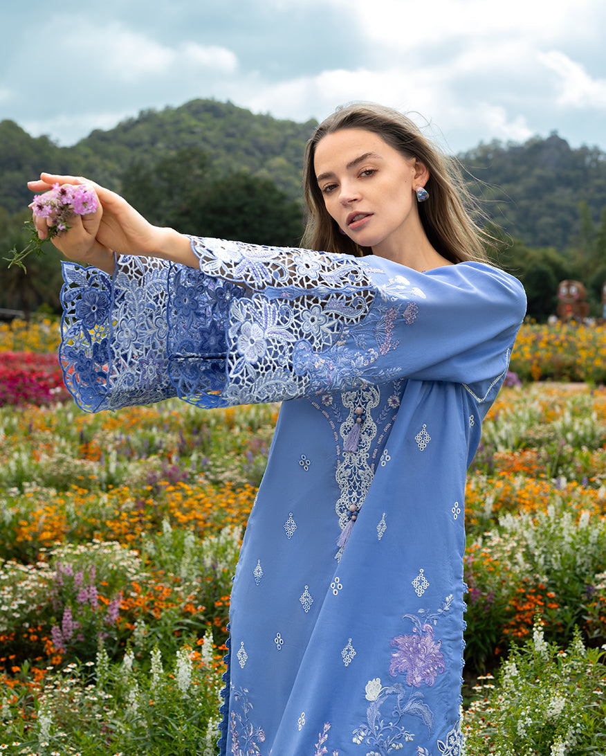 Women Wearing Azure Bloom Blue Long Shirt for Festive Events - Pakistani Designer Wear for Women in UK | Kifat