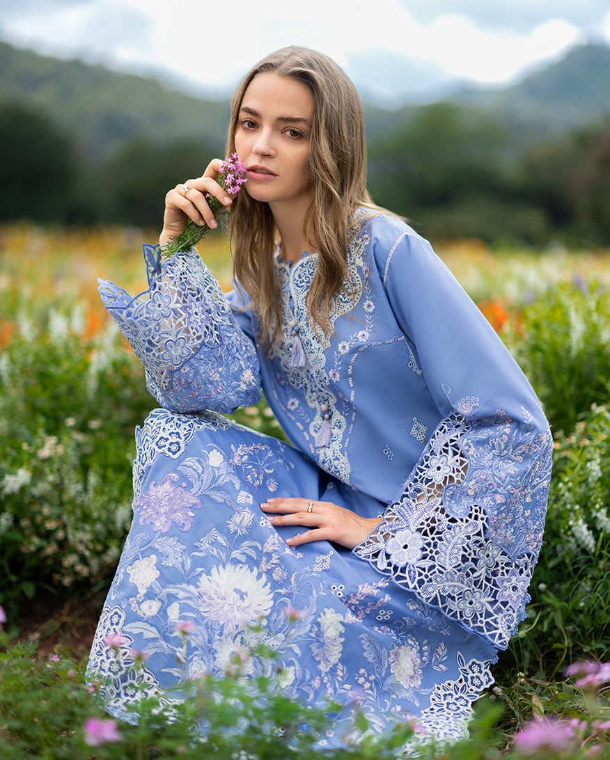 Women Wearing Azure Bloom Blue Long Shirt for Festive Events - Pakistani Designer Wear for Women in UK | Kifat