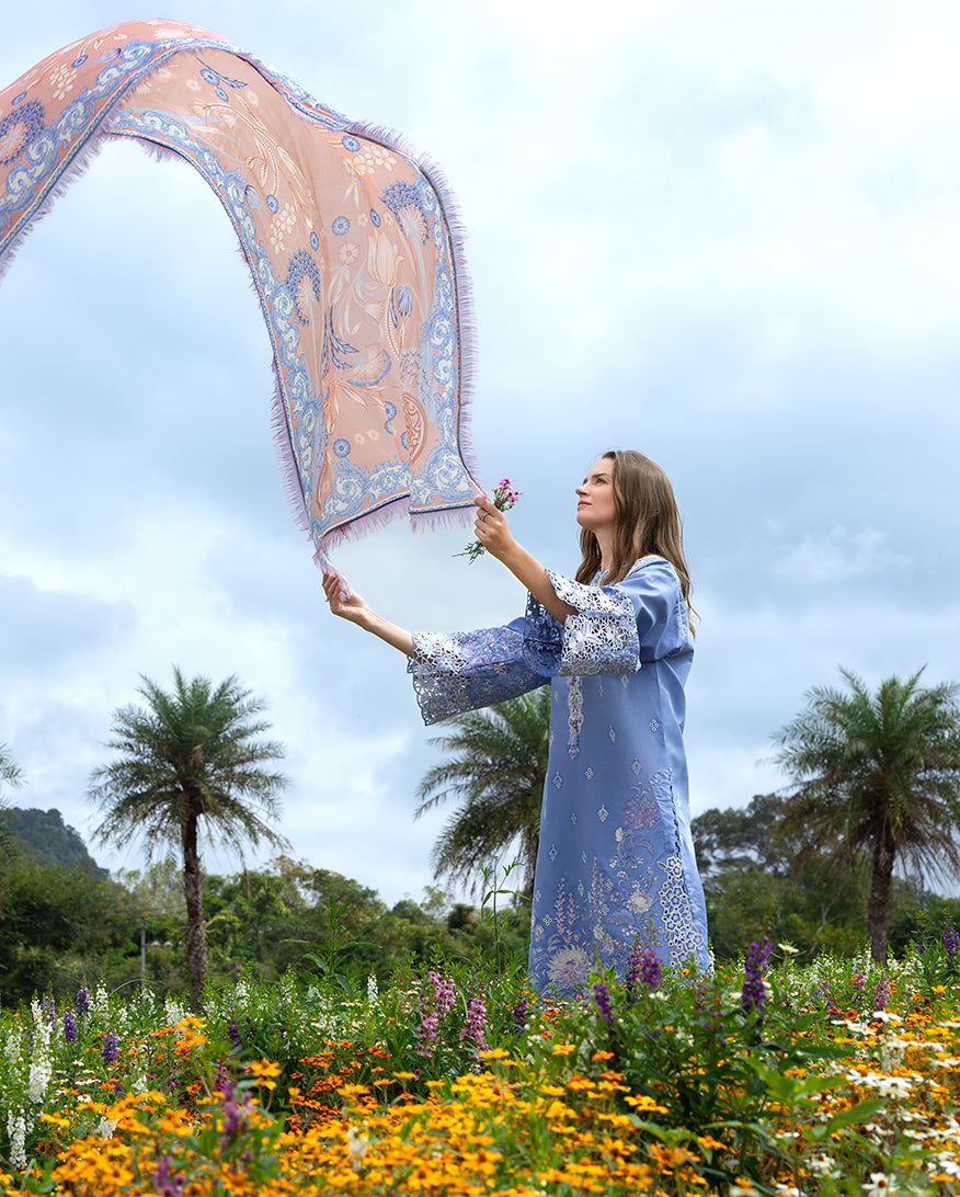Women Wearing Azure Bloom Blue Long Shirt for Festive Events - Pakistani Designer Wear for Women in UK | Kifat