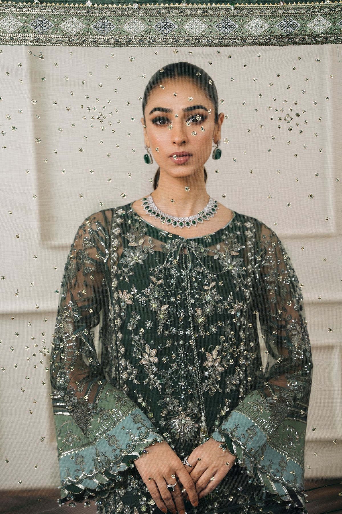 Baroque CH12-05 Green Long Shirt with Sharara,Slit Shirt with Crushed Sharara for Formal Events - Pakistani Designer Wear for Women in UK | Kifat