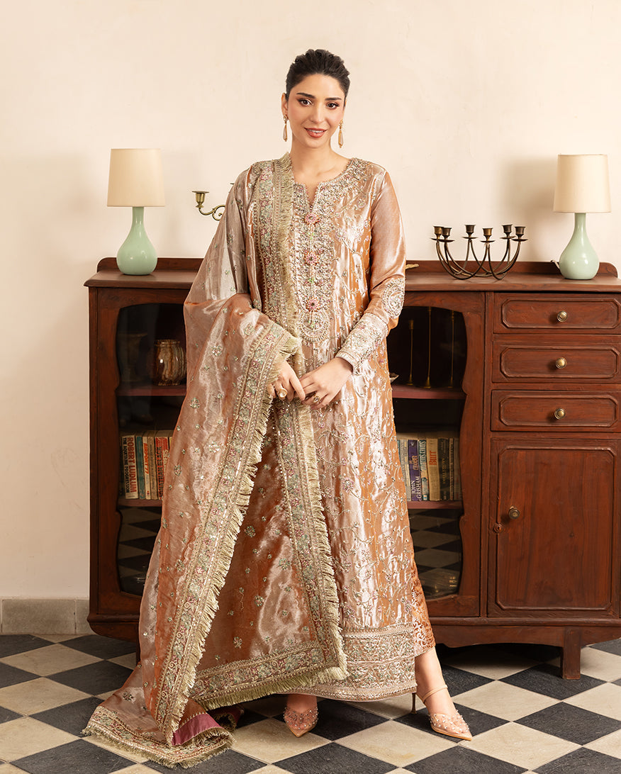 Women Wearing Bakht Orange Long Shirt for Formal Events - Pakistani Designer Wear for Women in UK | Kifat