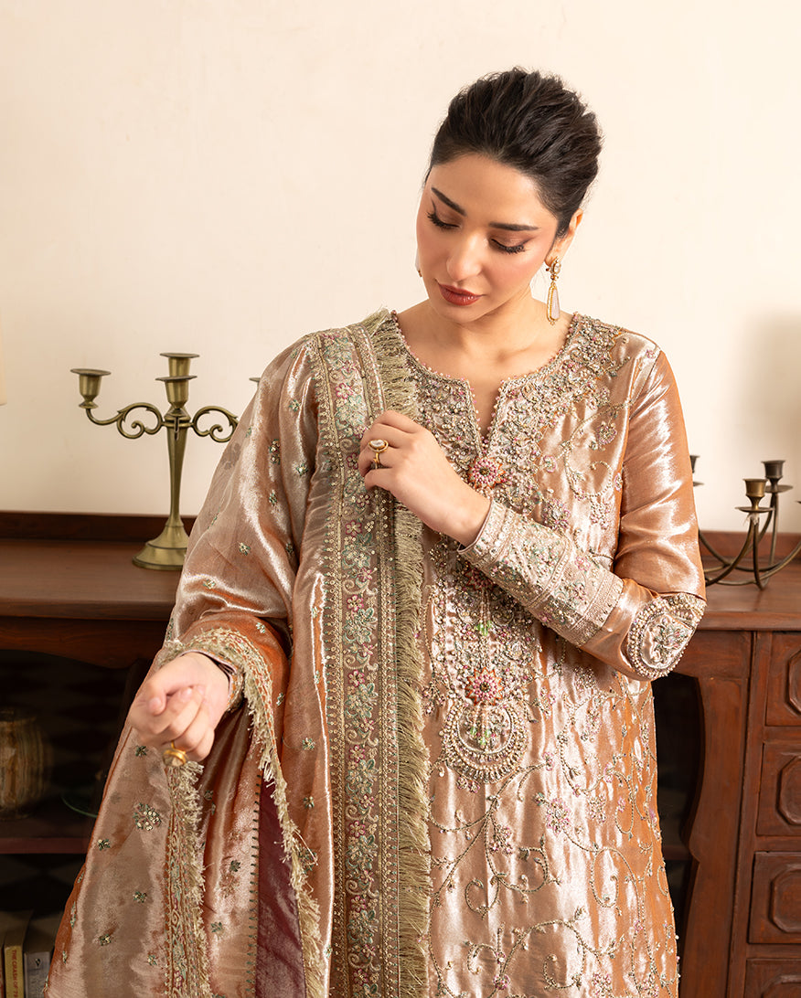 Women Wearing Bakht Orange Long Shirt for Formal Events - Pakistani Designer Wear for Women in UK | Kifat