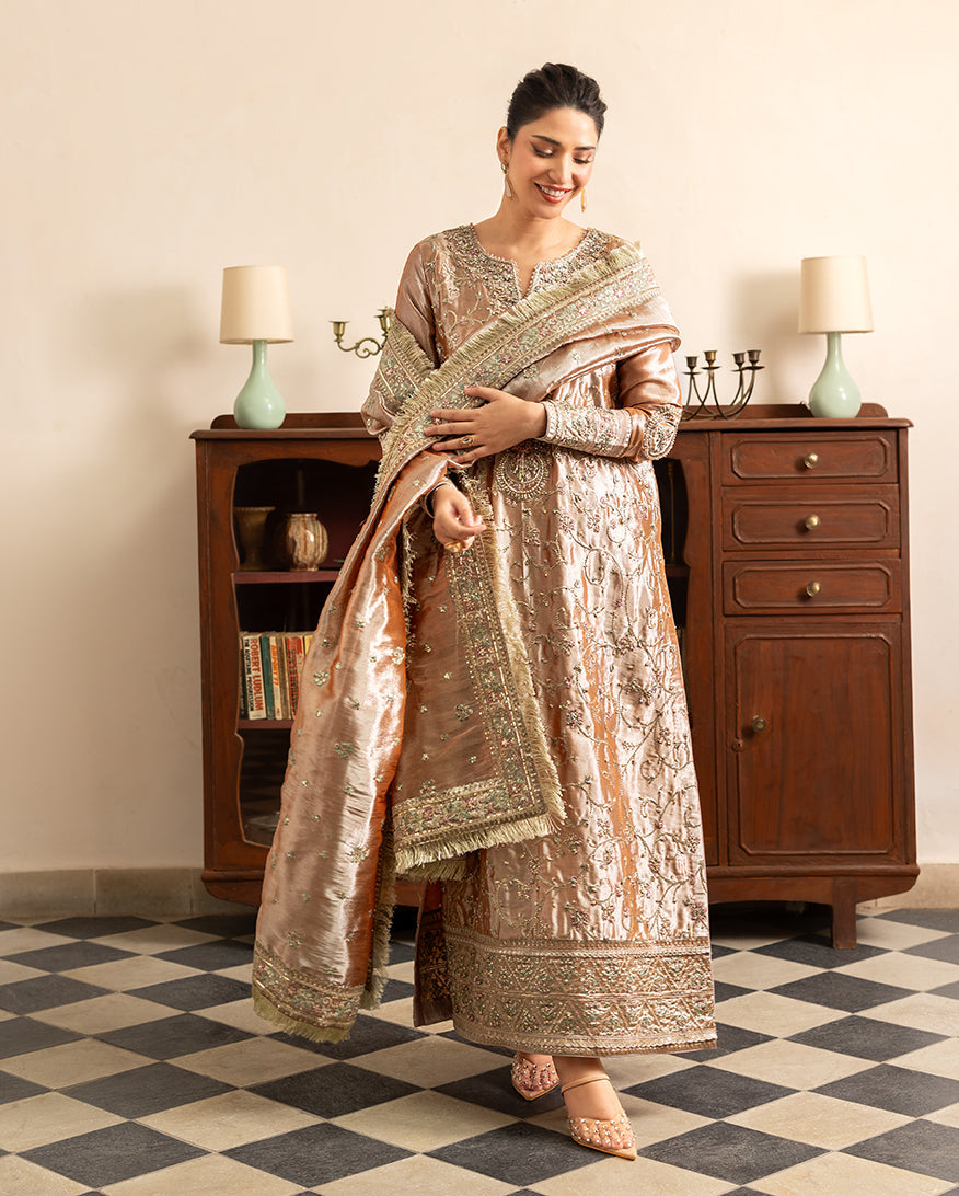 Women Wearing Bakht Orange Long Shirt for Formal Events - Pakistani Designer Wear for Women in UK | Kifat