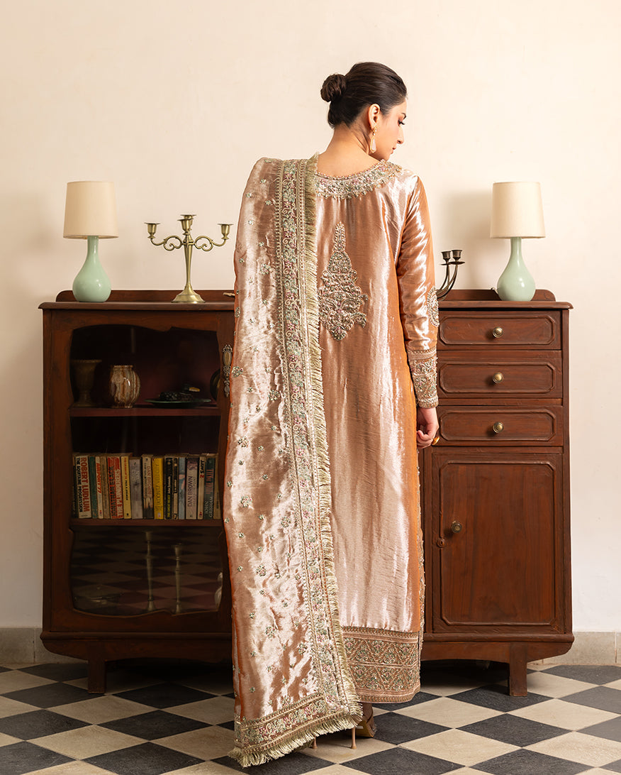 Women Wearing Bakht Orange Long Shirt for Formal Events - Pakistani Designer Wear for Women in UK | Kifat
