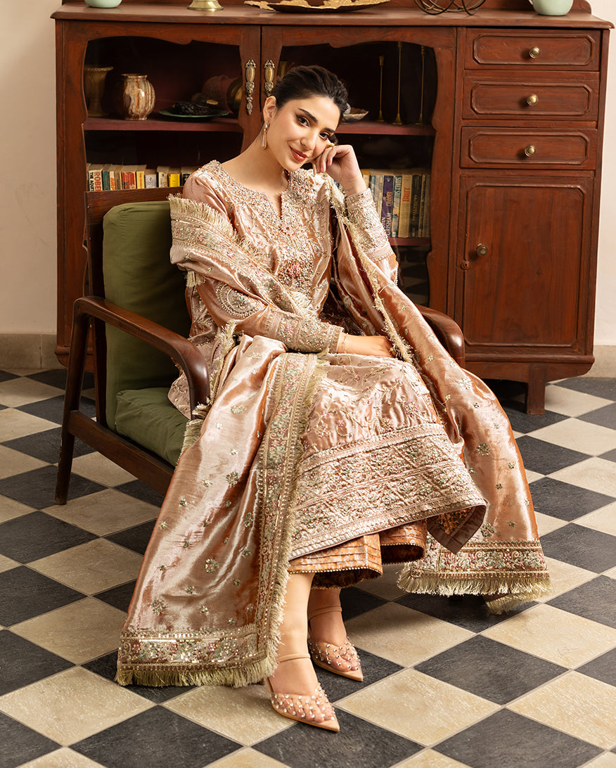 Women Wearing Bakht Orange Long Shirt for Formal Events - Pakistani Designer Wear for Women in UK | Kifat