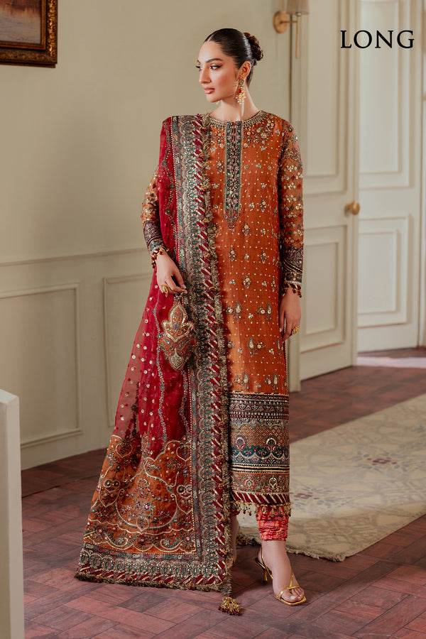 Baroque NET CH13-01 Burnt Orange Long Shirt with Churi Payjama,Long Shirt with Gharara for Wedding Wear - Pakistani Designer Wear for Women in UK | Kifat