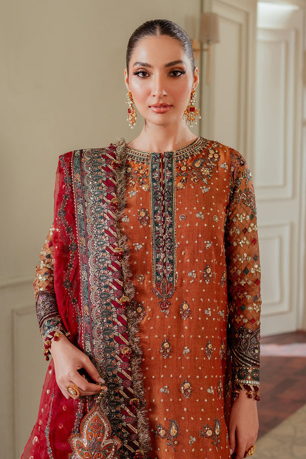 Baroque NET CH13-01 Burnt Orange Long Shirt with Churi Payjama,Long Shirt with Gharara for Wedding Wear - Pakistani Designer Wear for Women in UK | Kifat