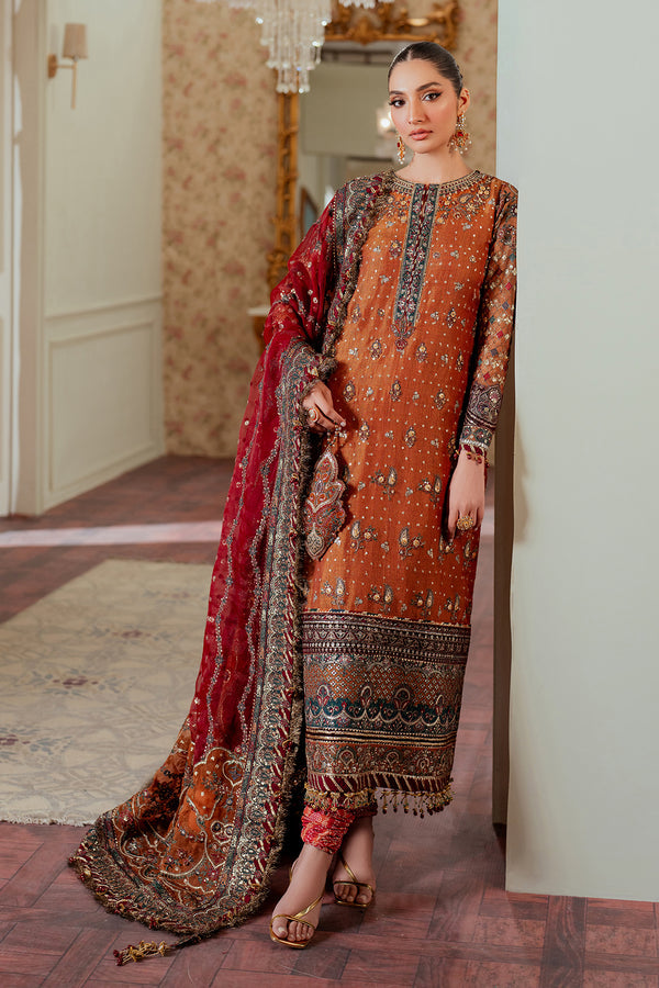 Baroque NET CH13-01 Burnt Orange Long Shirt with Churi Payjama,Long Shirt with Gharara for Wedding Wear - Pakistani Designer Wear for Women in UK | Kifat