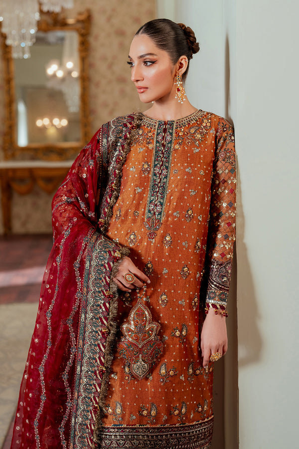 Baroque NET CH13-01 Burnt Orange Long Shirt with Churi Payjama,Long Shirt with Gharara for Wedding Wear - Pakistani Designer Wear for Women in UK | Kifat