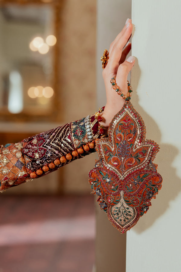 Baroque NET CH13-01 Burnt Orange Long Shirt with Churi Payjama,Long Shirt with Gharara for Wedding Wear - Pakistani Designer Wear for Women in UK | Kifat