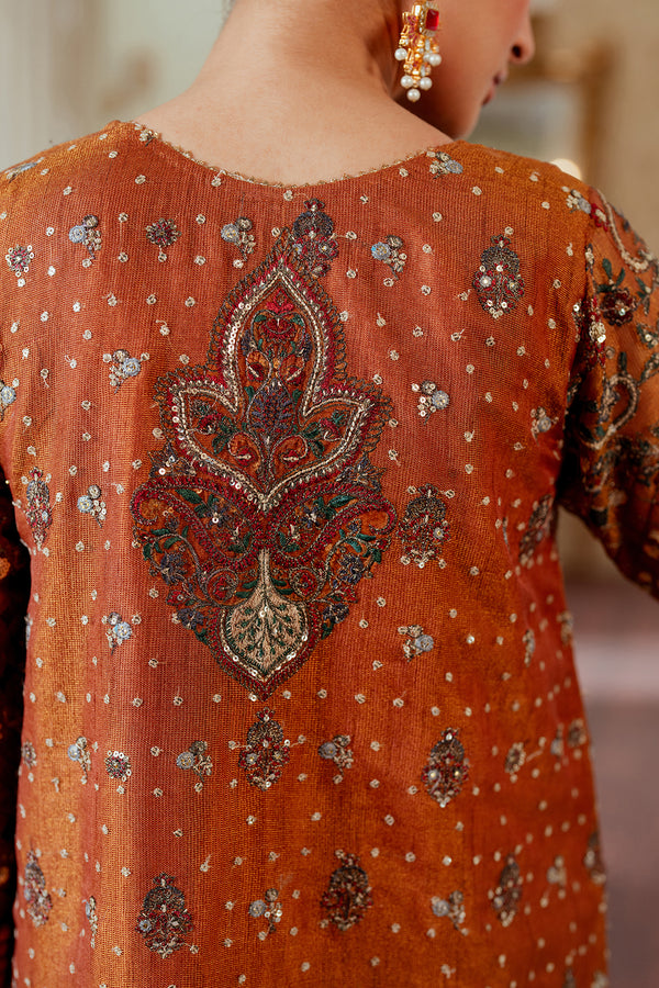 Baroque NET CH13-01 Burnt Orange Long Shirt with Churi Payjama,Long Shirt with Gharara for Wedding Wear - Pakistani Designer Wear for Women in UK | Kifat