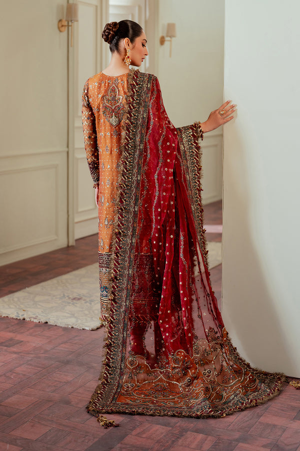 Baroque NET CH13-01 Burnt Orange Long Shirt with Churi Payjama,Long Shirt with Gharara for Wedding Wear - Pakistani Designer Wear for Women in UK | Kifat