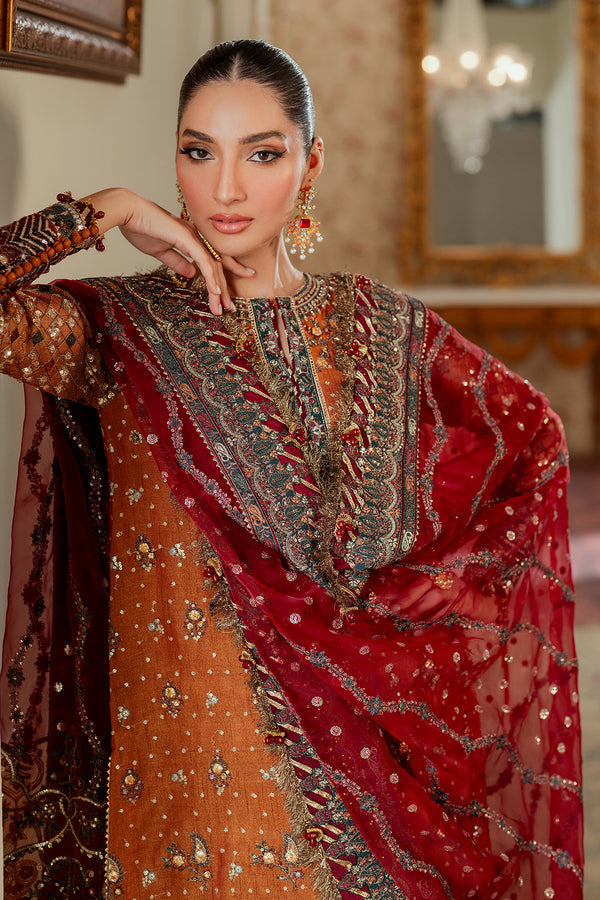 Baroque NET CH13-01 Burnt Orange Long Shirt with Churi Payjama,Long Shirt with Gharara for Wedding Wear - Pakistani Designer Wear for Women in UK | Kifat