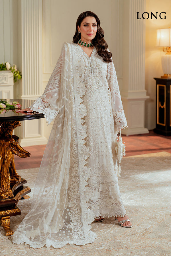 Baroque CHIFFON CH13-02 White Long Shirt with Pant,Short Shirt with Sharara for Formal Events - Pakistani Designer Wear for Women in UK | Kifat